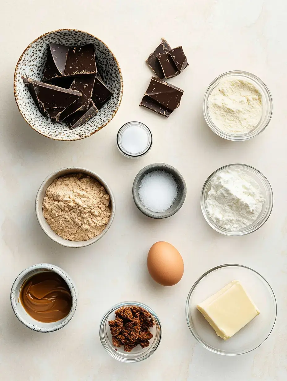 An assortment of baking ingredients including dark chocolate, butter, an egg, flour, brown sugar, and various types of sugar arranged on a light background.