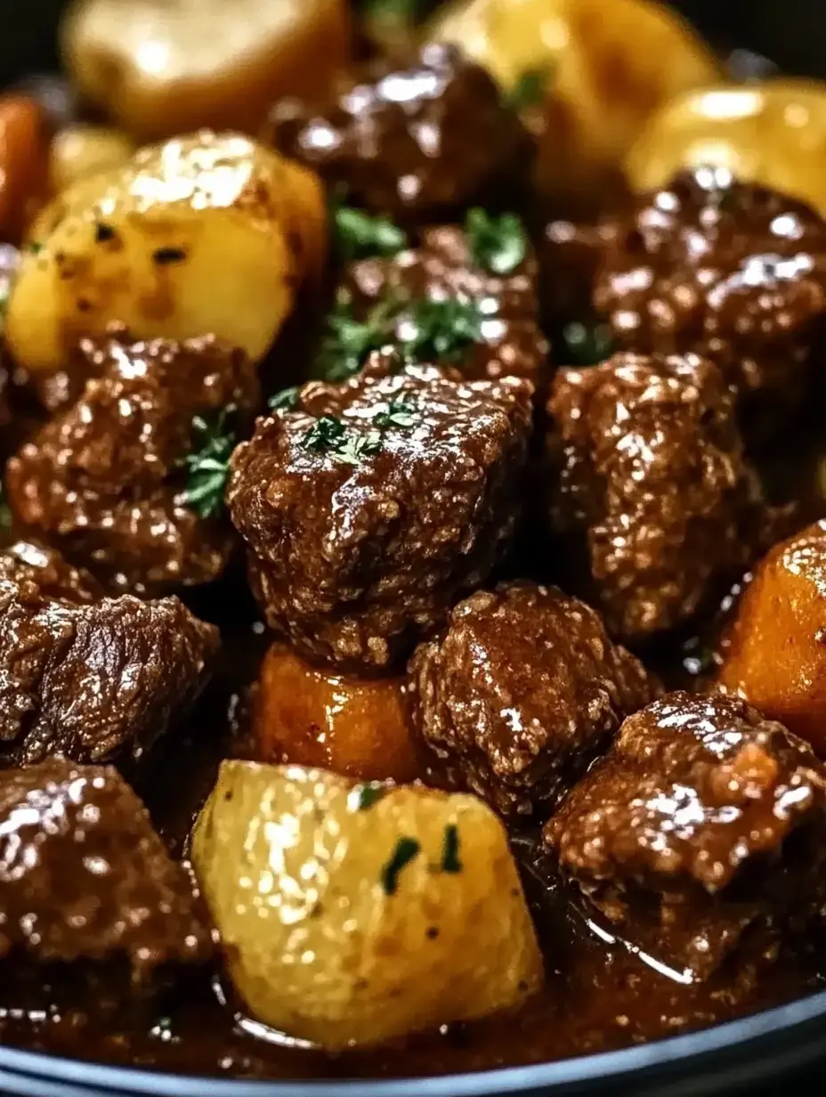 A close-up of tender beef chunks cooked in a rich brown gravy with assorted vegetables, including potatoes and carrots, garnished with herbs.