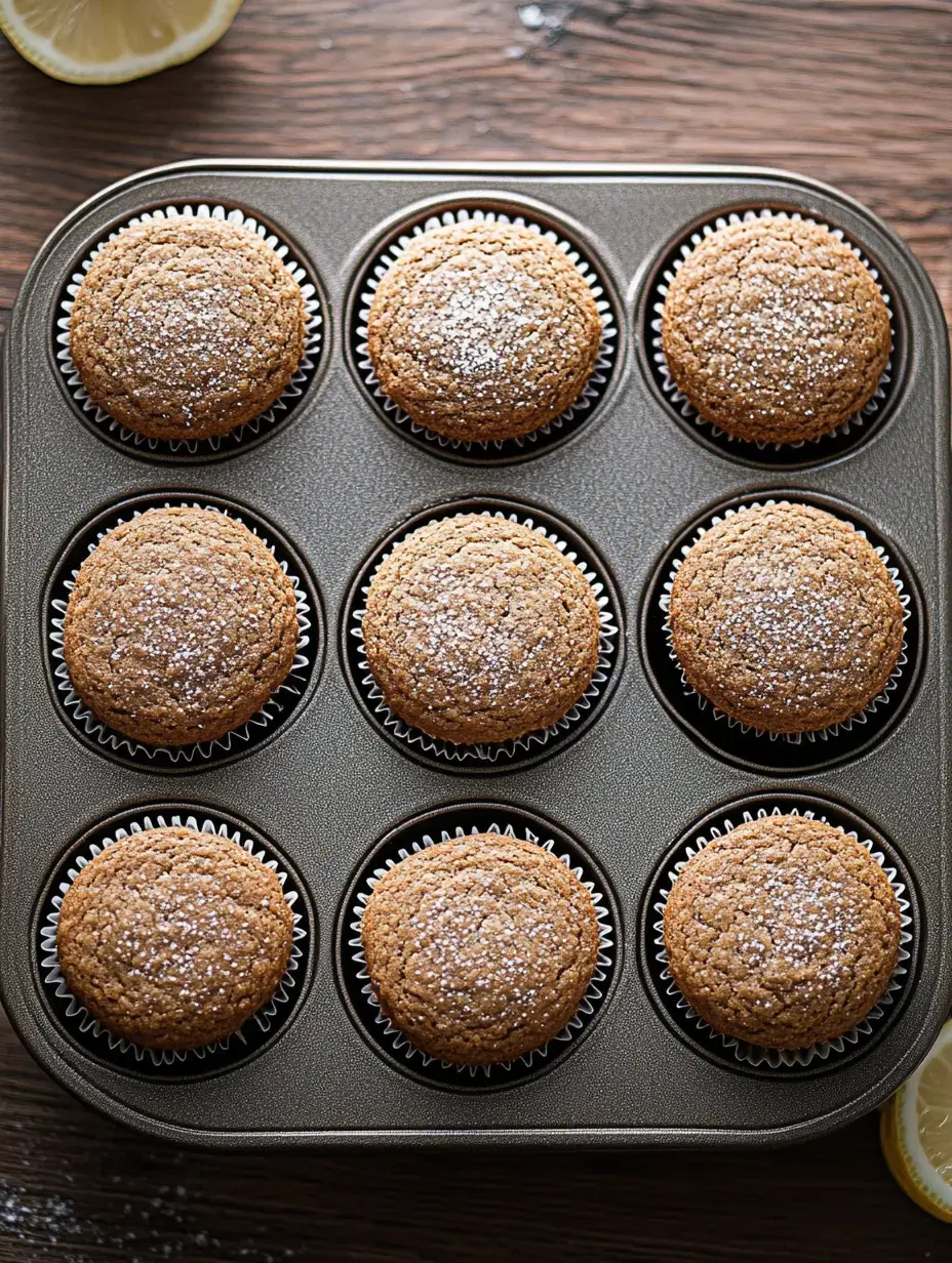 A muffin tray containing nine freshly baked muffins dusted with powdered sugar, accompanied by a lemon slice.