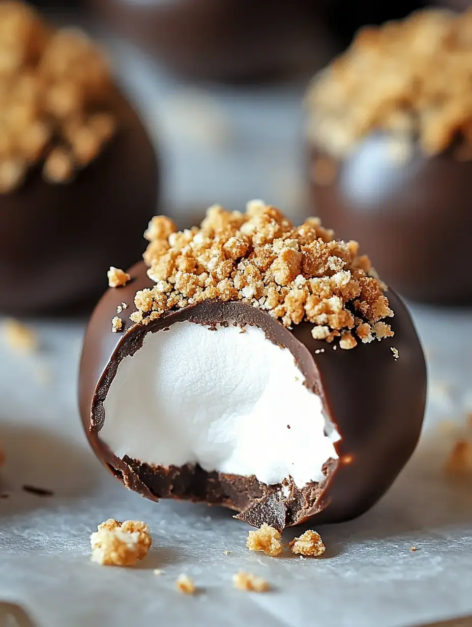 A chocolate-covered treat filled with a creamy white center and topped with crumbled cookies.