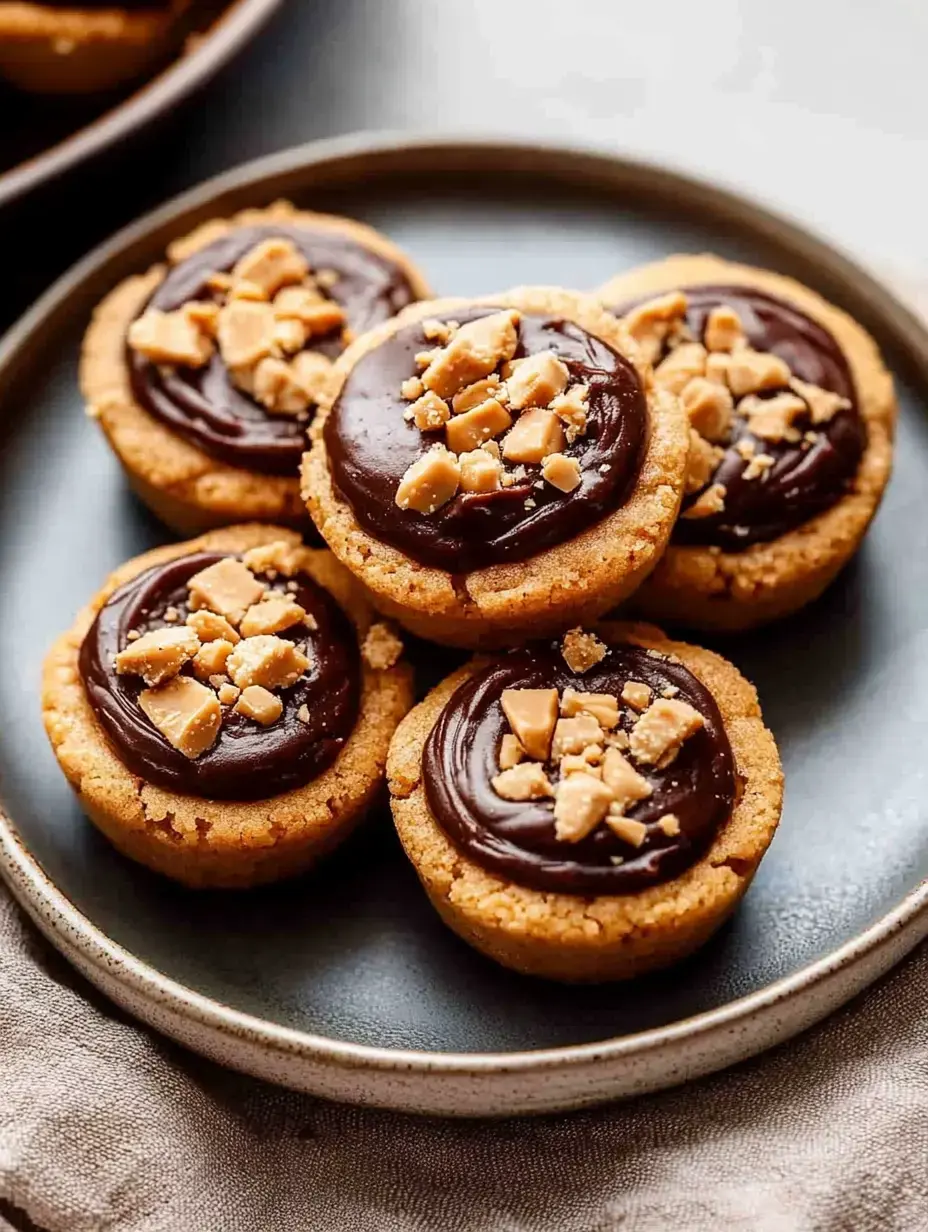 A plate of cookie cups topped with chocolate frosting and crushed peanuts.