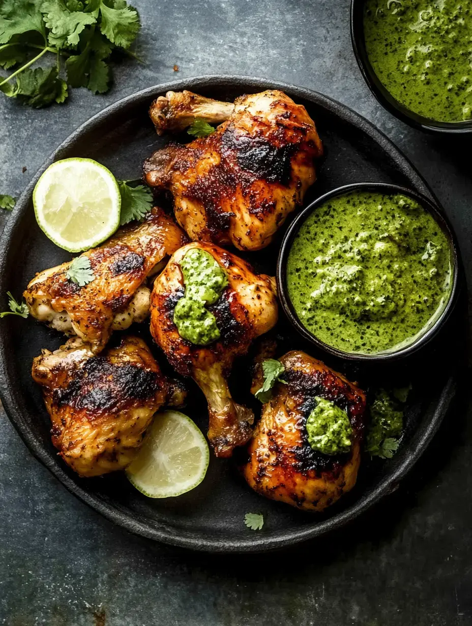 A plate of grilled chicken legs garnished with green sauce and lime slices, accompanied by bowls of a vibrant green sauce.