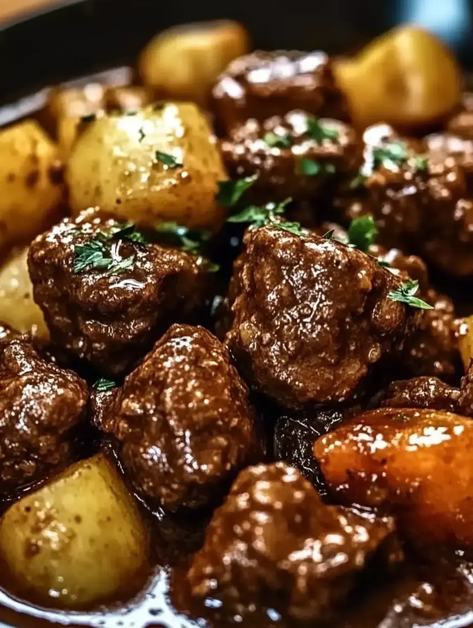 A close-up of a savory beef stew with tender chunks of meat and potatoes, garnished with fresh herbs.