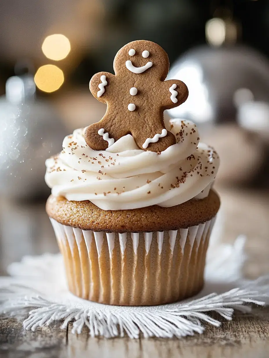 A festive cupcake topped with swirls of white frosting and a smiling gingerbread cookie.