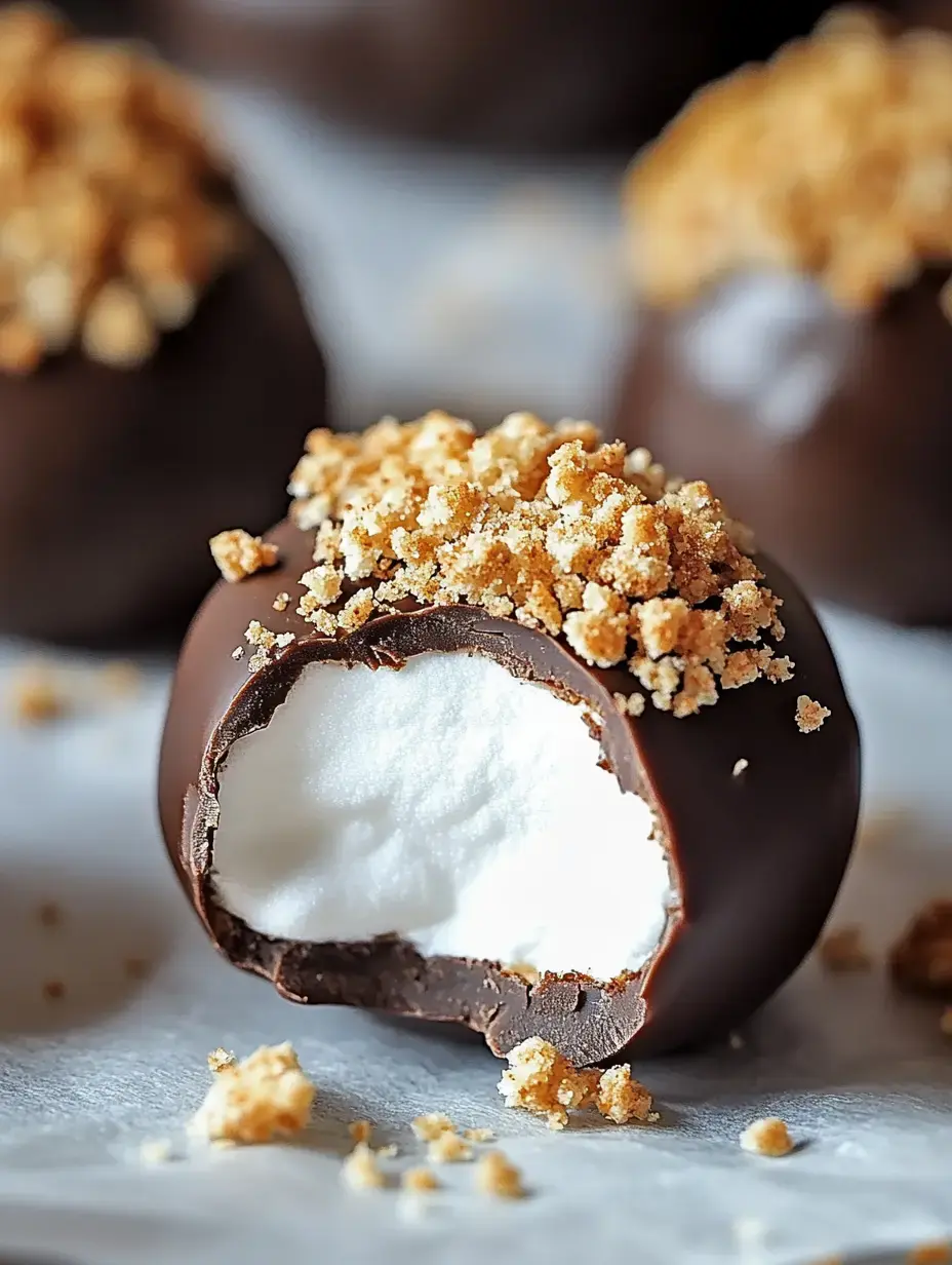 A close-up of a chocolate-covered truffle with a bite taken out, revealing a creamy white filling and topped with crumbled graham crackers.