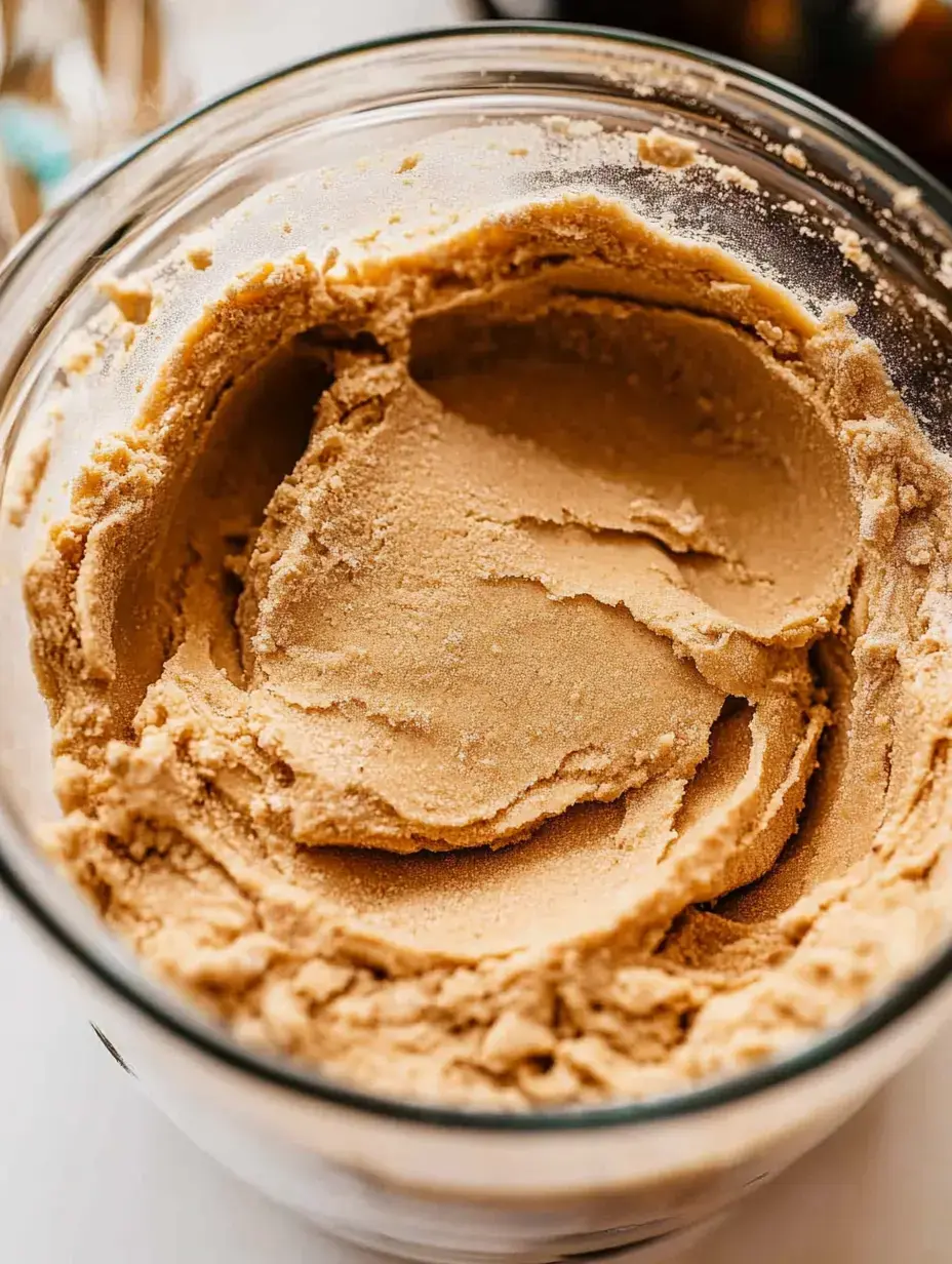 A close-up view of creamy brown nut butter in a glass jar.