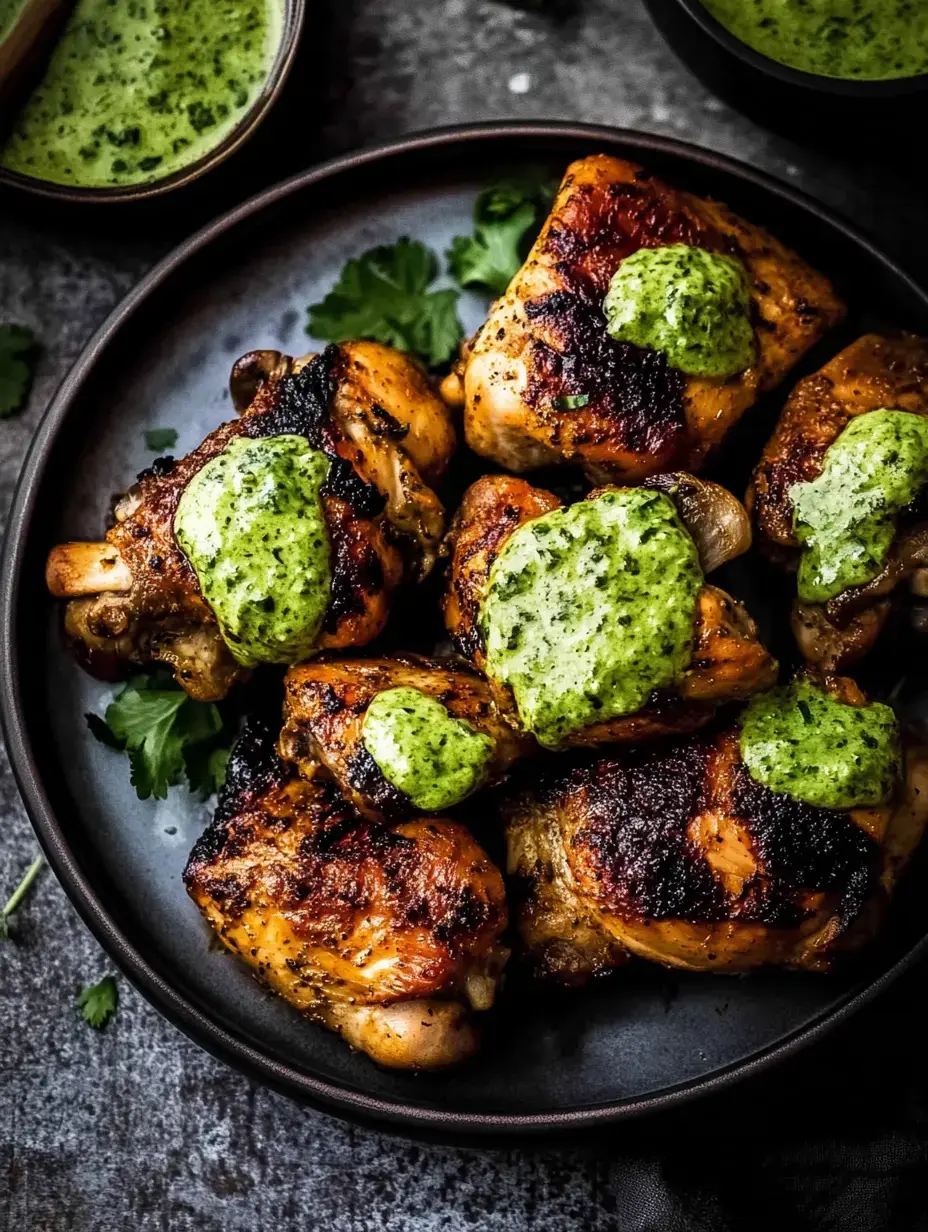 A close-up of grilled chicken thighs served on a black plate, topped with green sauce and garnished with fresh cilantro.