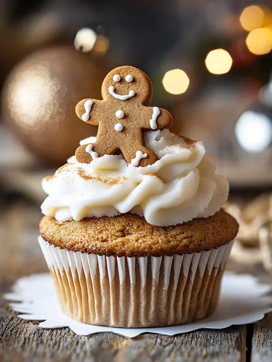 A festive cupcake topped with white frosting and a smiling gingerbread man sits on a rustic wooden table, with a blurred background of holiday decorations.