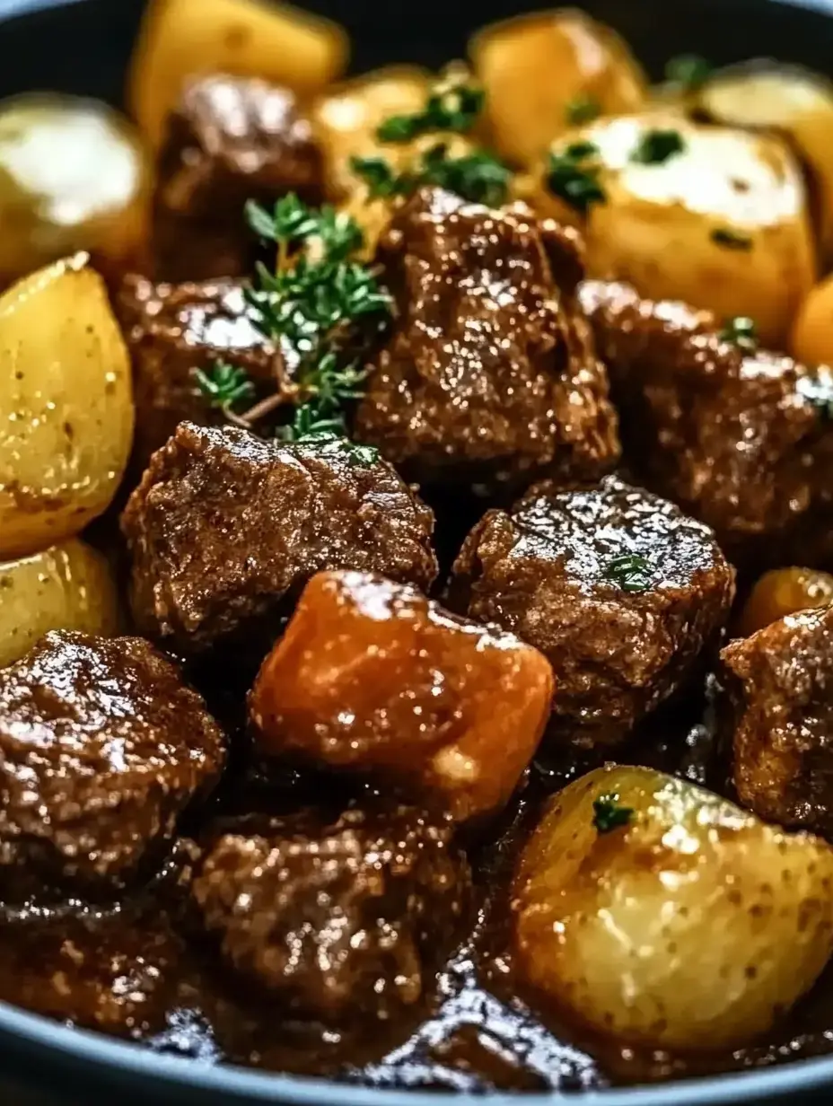 A close-up of a hearty beef stew with tender meat chunks, golden potatoes, and fresh herbs in a savory sauce.