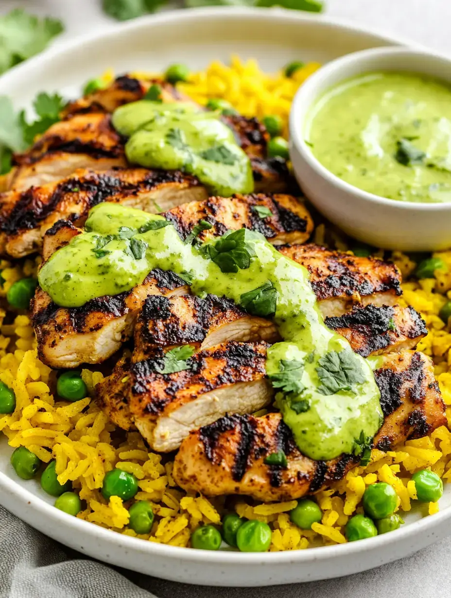 Grilled chicken with green sauce is served over yellow rice and peas in a round plate.