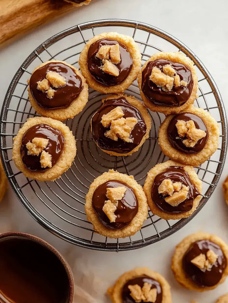 A wire rack displays freshly baked cookies topped with chocolate and crushed nuts.