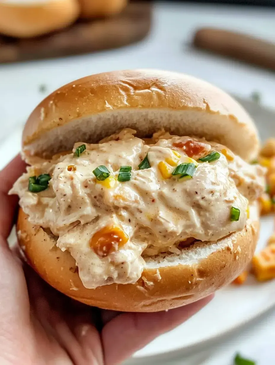 A hand holds a sandwich filled with creamy chicken salad, garnished with green onions, against a blurred background of more rolls.