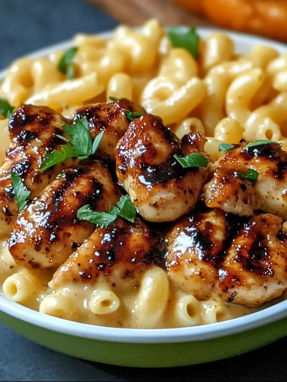 A close-up of a bowl filled with creamy macaroni and cheese topped with grilled chicken pieces and garnished with fresh parsley.