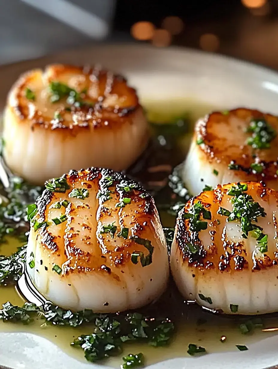 A plate of four perfectly seared scallops garnished with chopped herbs in a light sauce.