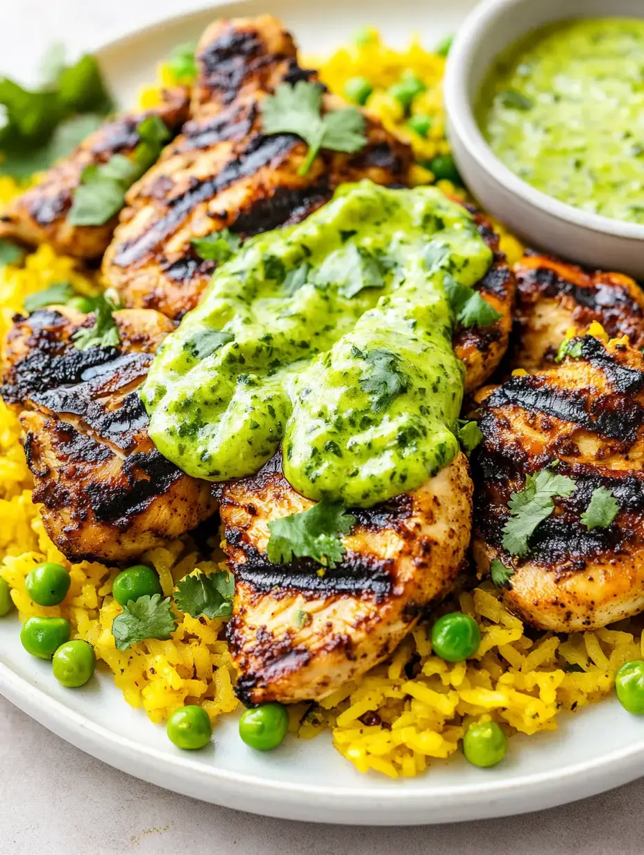 A plate of grilled chicken served over yellow rice, garnished with green sauce and peas.