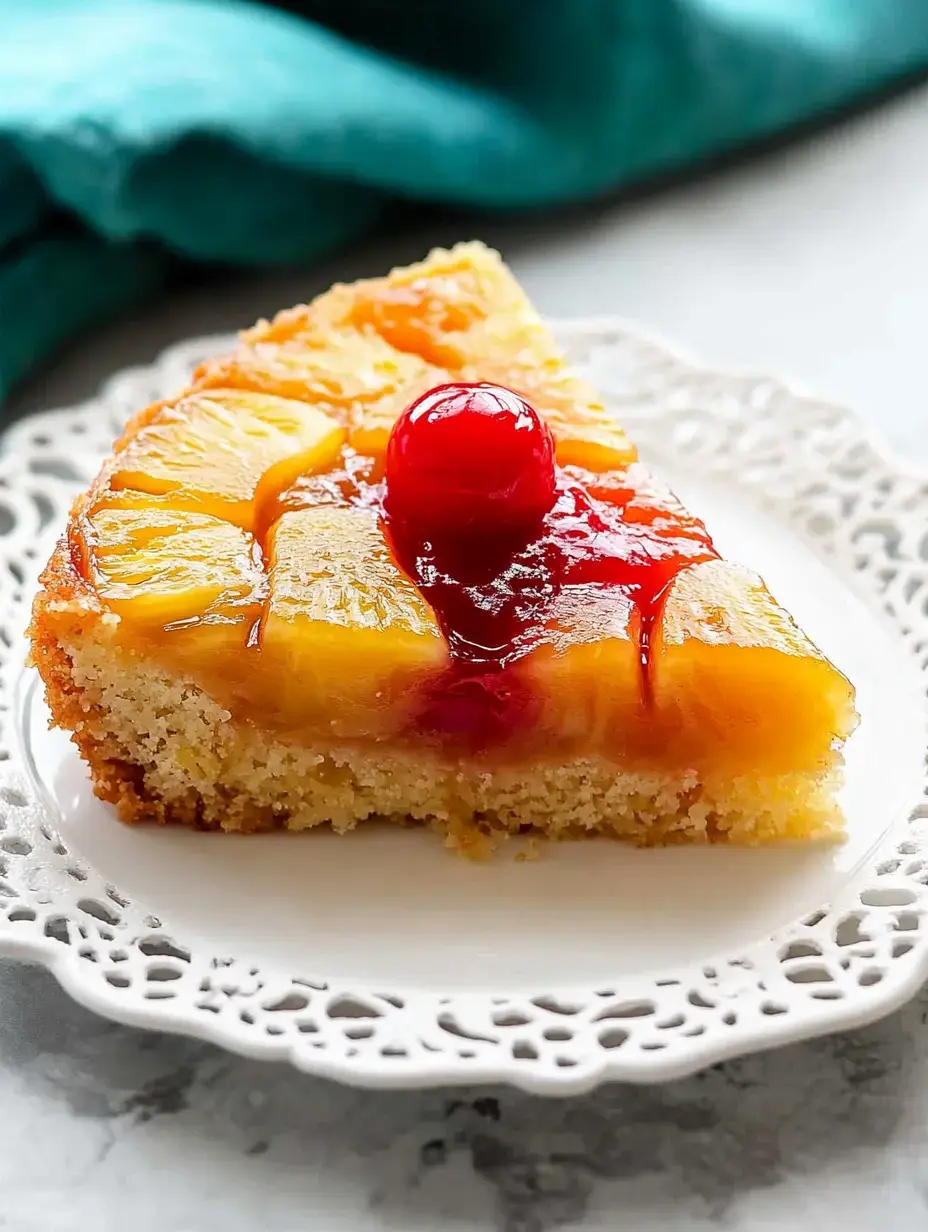 A slice of pineapple upside-down cake topped with a cherry sits on a decorative white plate.