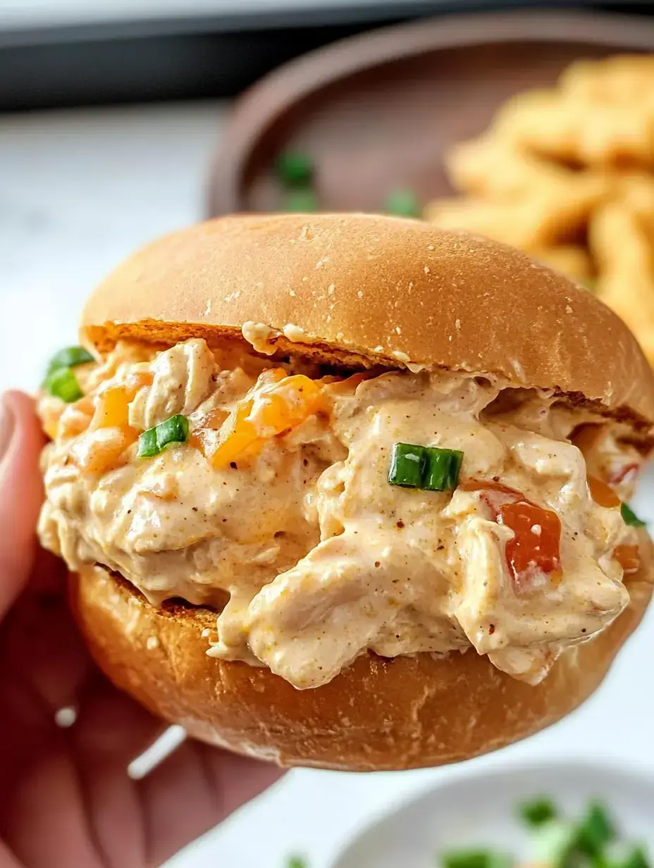 A hand holds a sandwich filled with creamy chicken mixture topped with diced vegetables and green onions on a soft bun.