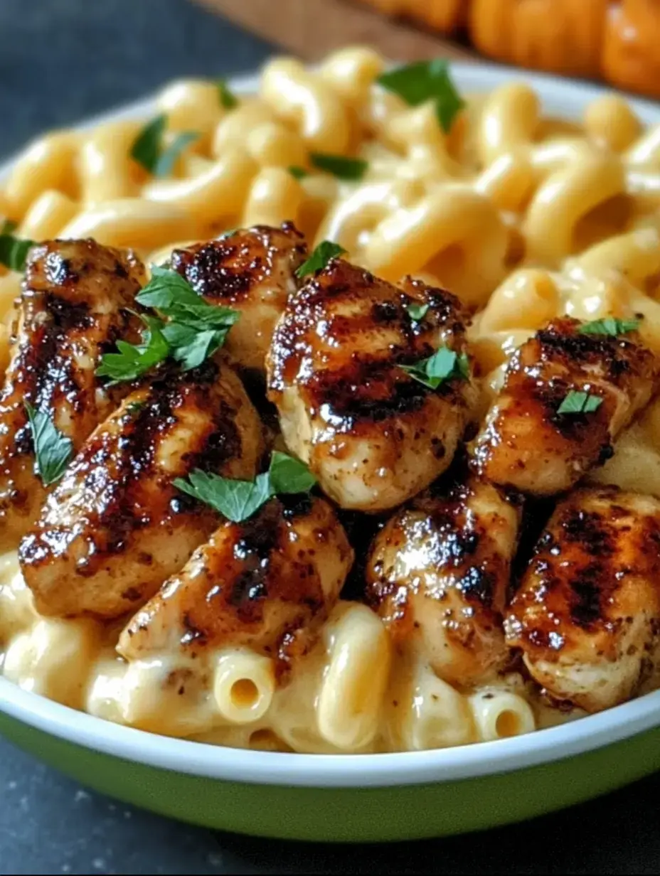 A bowl of creamy macaroni and cheese topped with grilled chicken pieces and garnished with parsley.