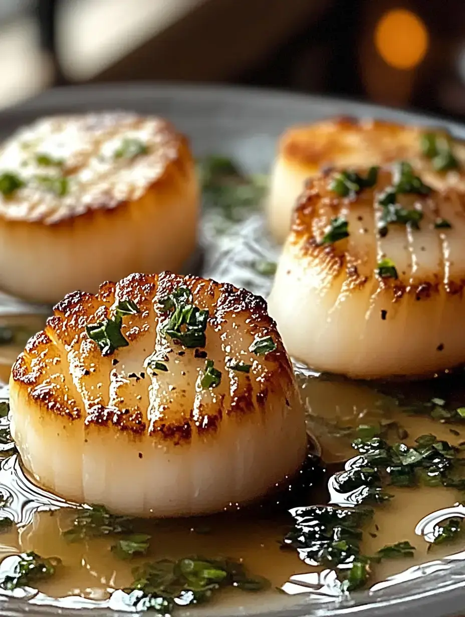 A close-up view of perfectly seared scallops garnished with chopped herbs on a plate.