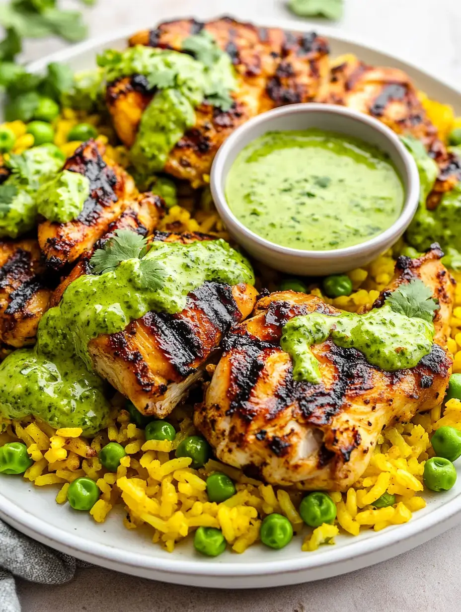 A plate of grilled chicken thighs topped with green sauce, served on a bed of yellow rice and green peas, with a small bowl of additional green sauce on the side.