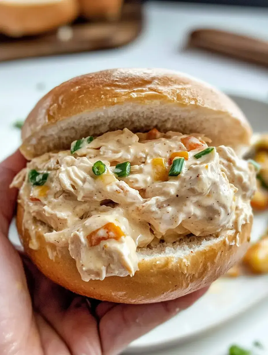 A person is holding a sandwich filled with creamy chicken salad and topped with green onions.