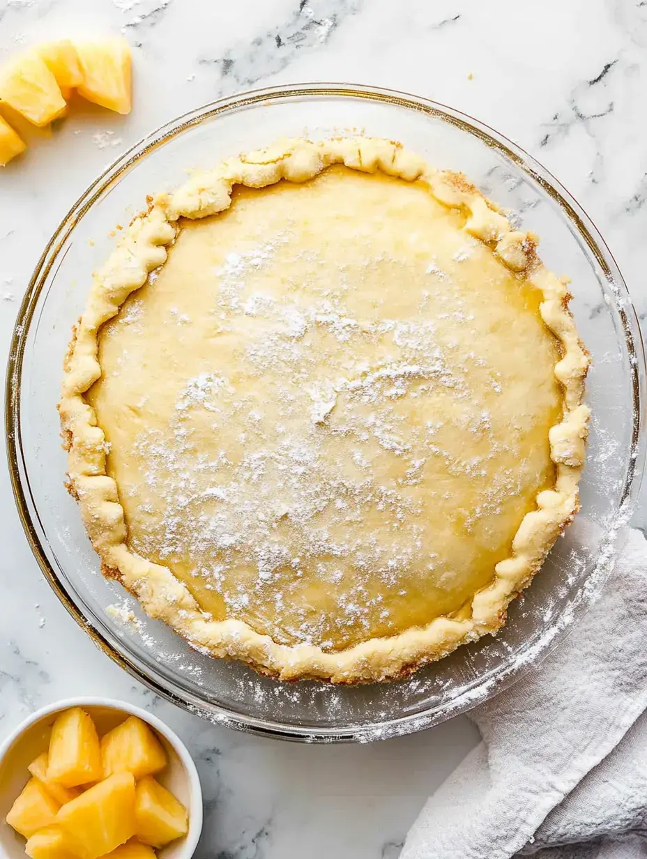 A freshly made pie crust topped with a light dusting of powdered sugar, accompanied by a bowl of pineapple chunks.