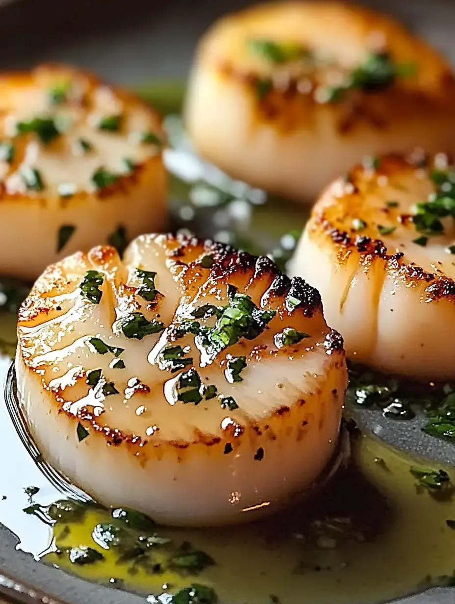 Four perfectly seared scallops are garnished with chopped herbs and served in a pool of olive oil.