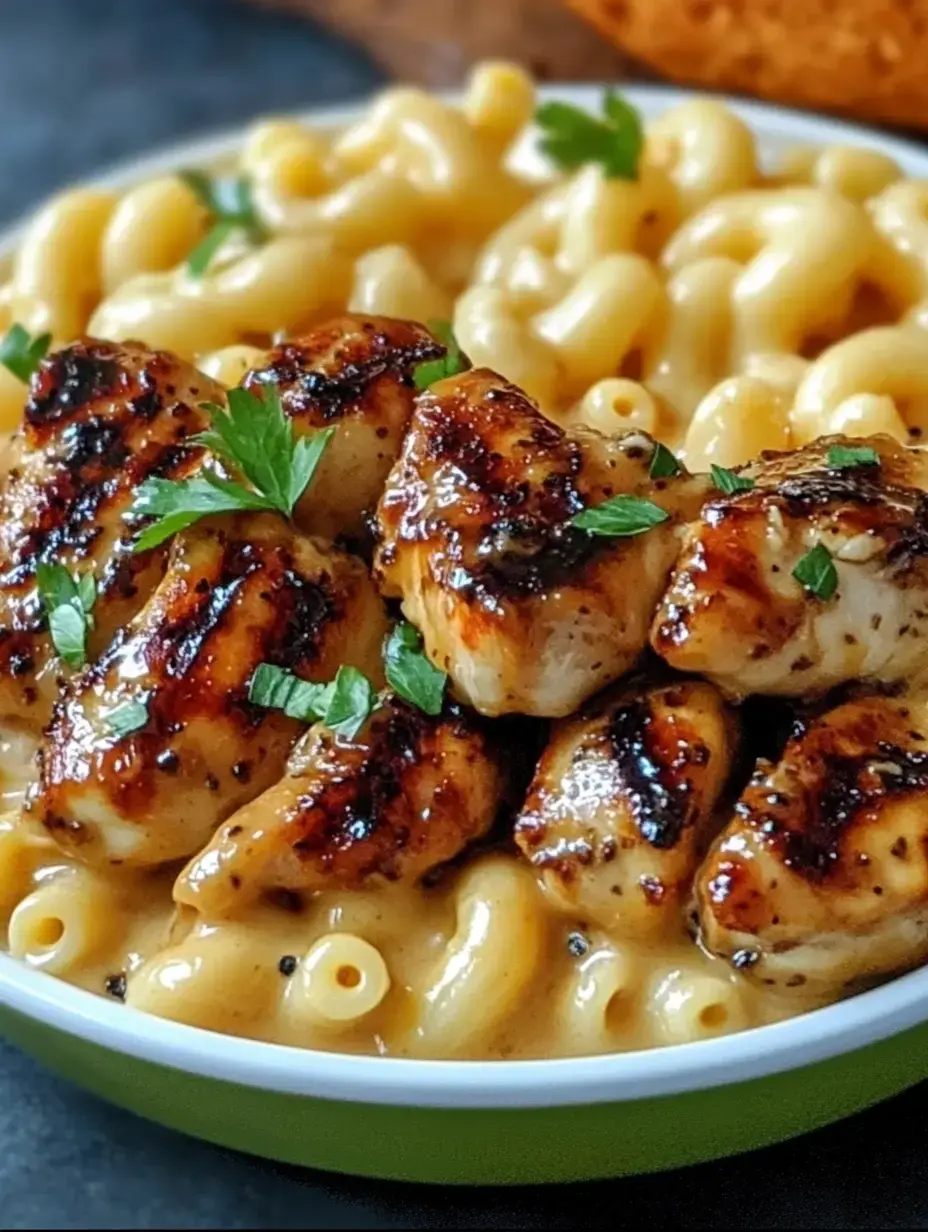 A bowl of creamy macaroni and cheese topped with grilled chicken pieces and garnished with parsley.