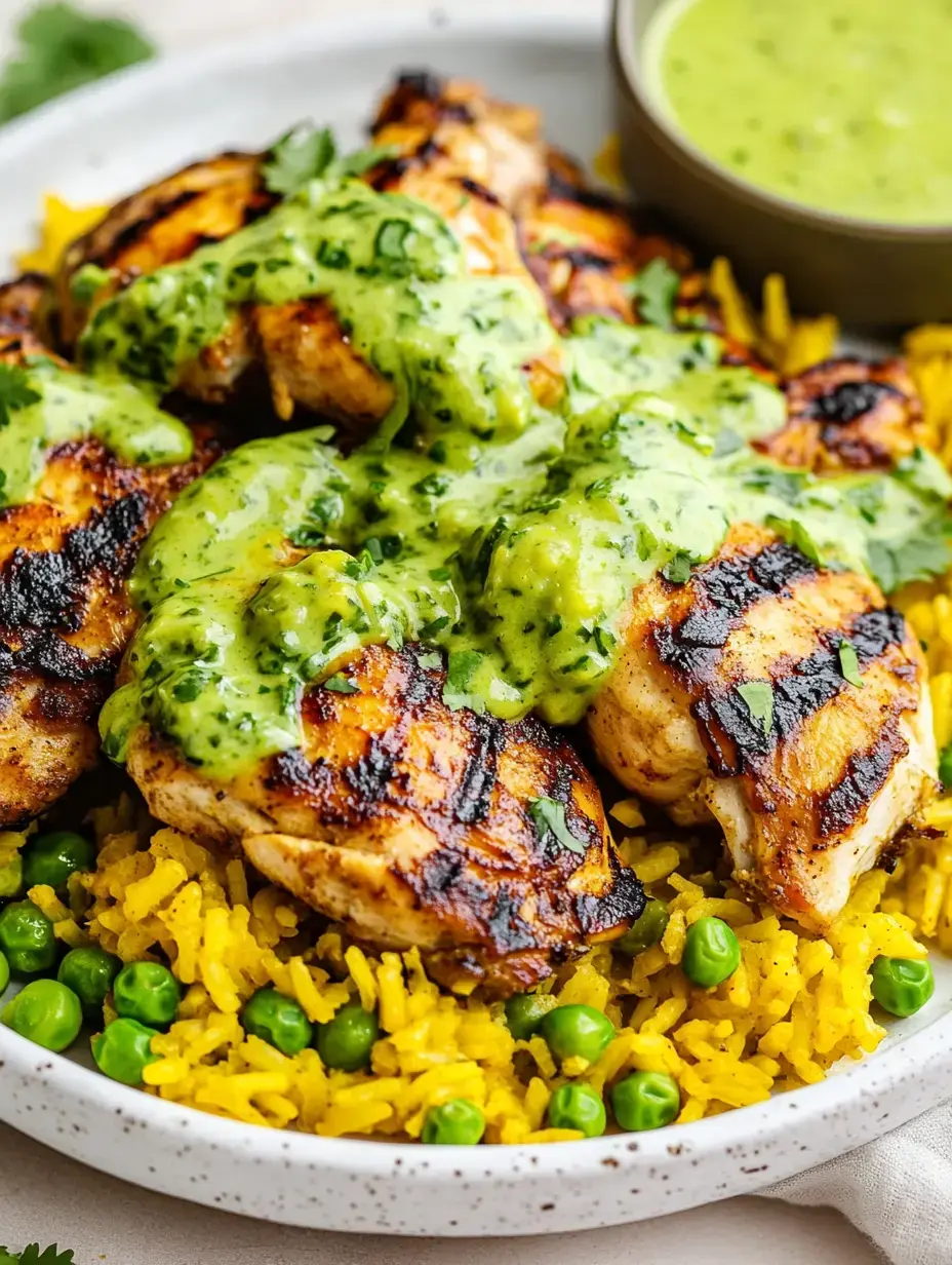 Grilled chicken thighs topped with green sauce, served on a bed of yellow rice with peas.