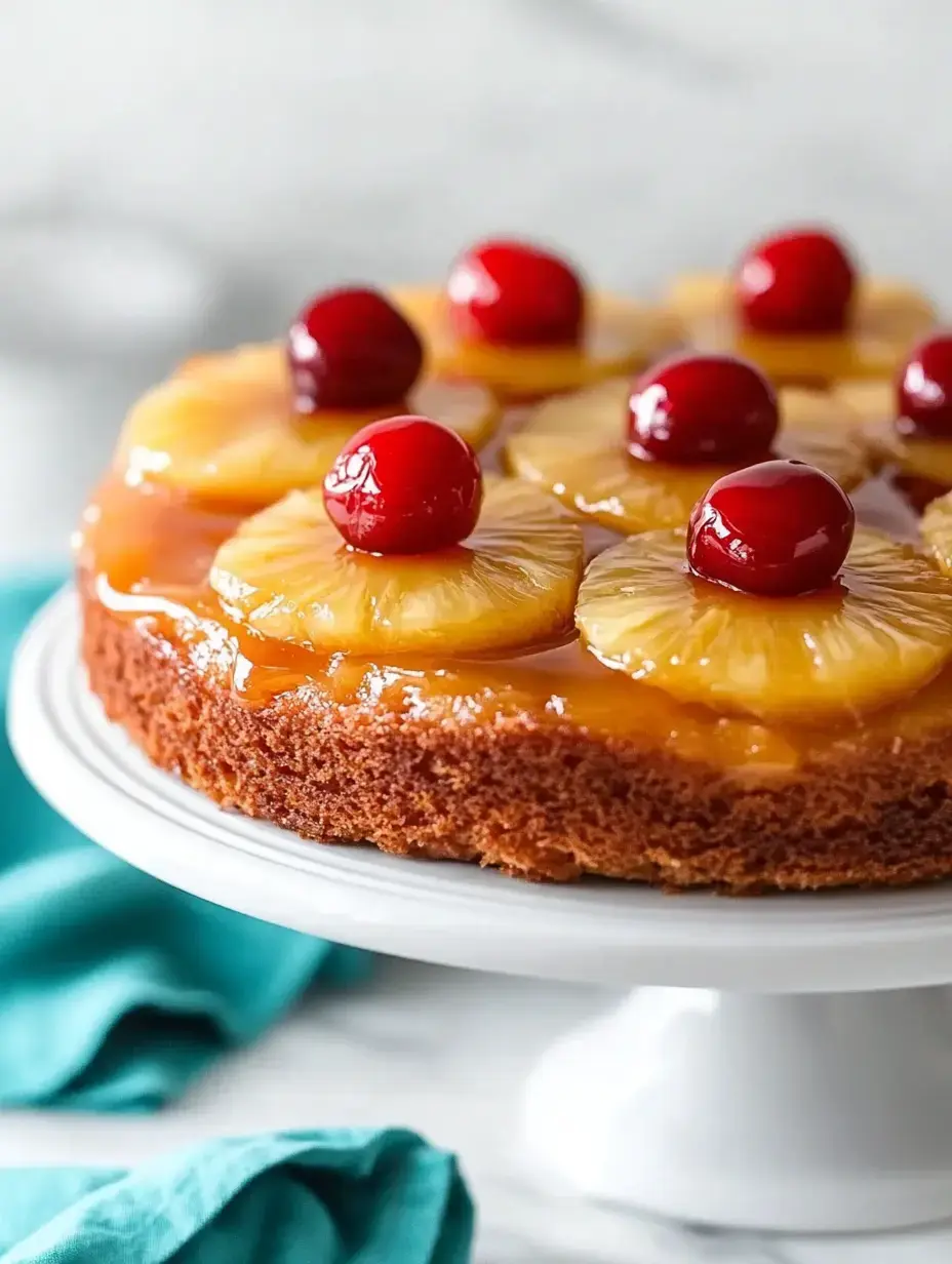 A round pineapple upside-down cake topped with pineapple slices and maraschino cherries, displayed on a white cake stand.