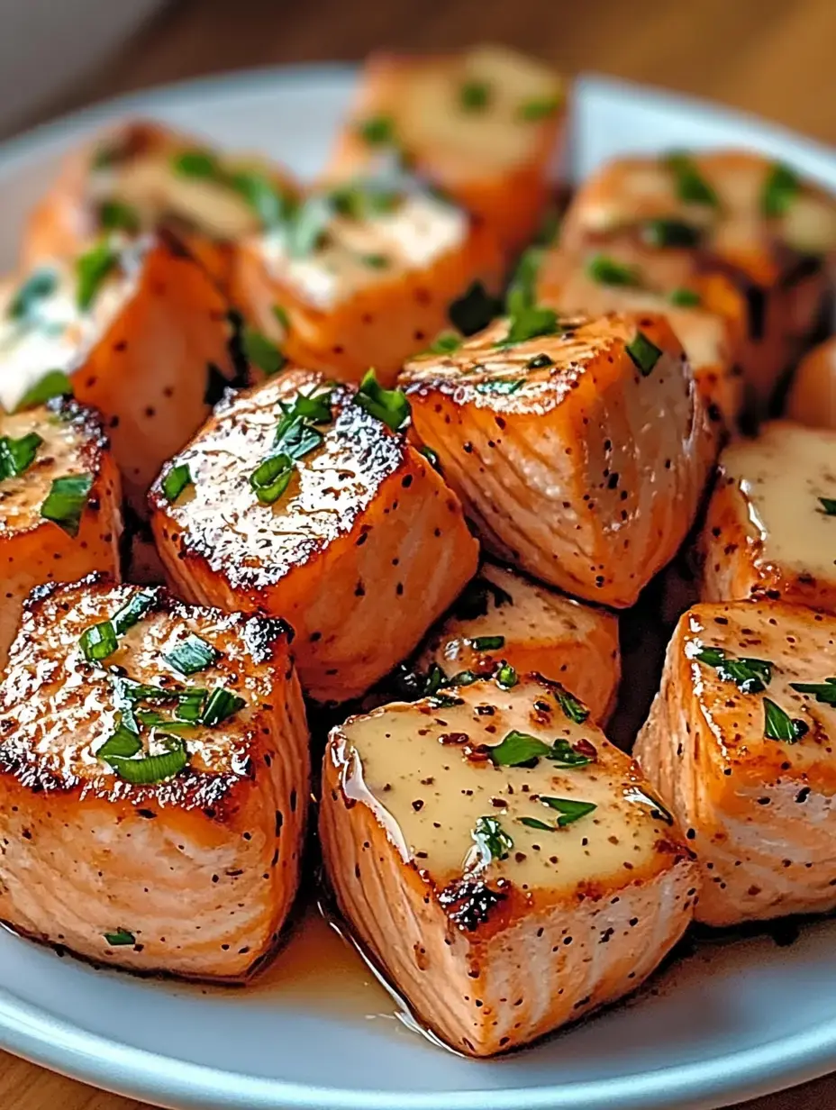 Cubes of perfectly cooked salmon are garnished with chopped herbs and drizzled with a flavorful sauce, arranged on a white plate.