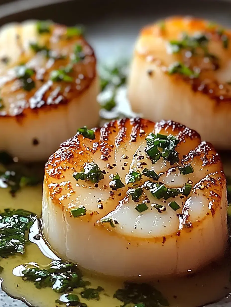 Three perfectly seared scallops garnished with chopped herbs on a plate.