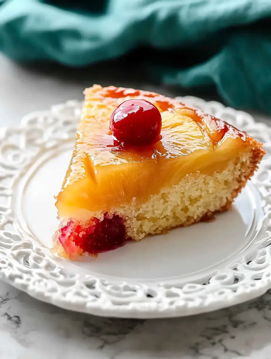 A slice of pineapple upside-down cake topped with a cherry, served on an ornate white plate.