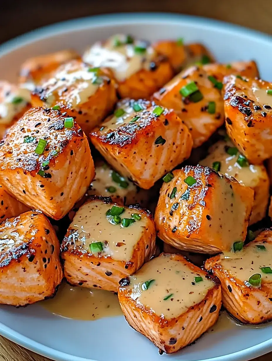 A plate of cubed, grilled salmon drizzled with a creamy sauce and garnished with chopped green onions.