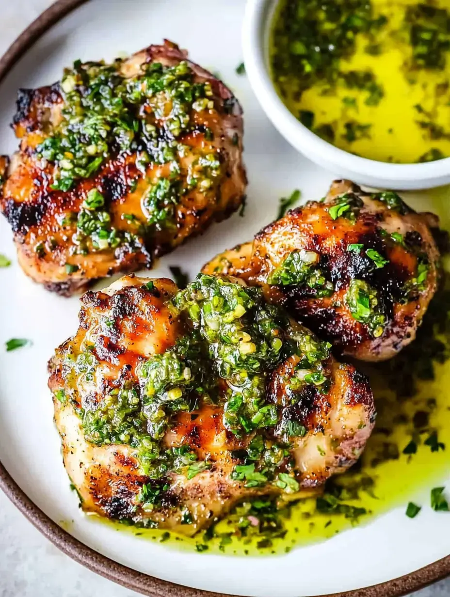 Grilled chicken thighs topped with a vibrant green herb sauce, served alongside a small bowl of olive oil.