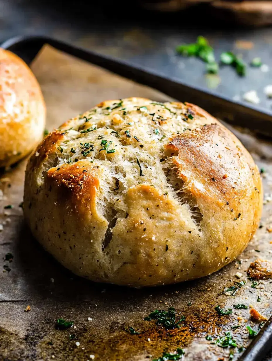 A freshly baked round bread roll is sprinkled with herbs and sits on a parchment-lined baking tray.