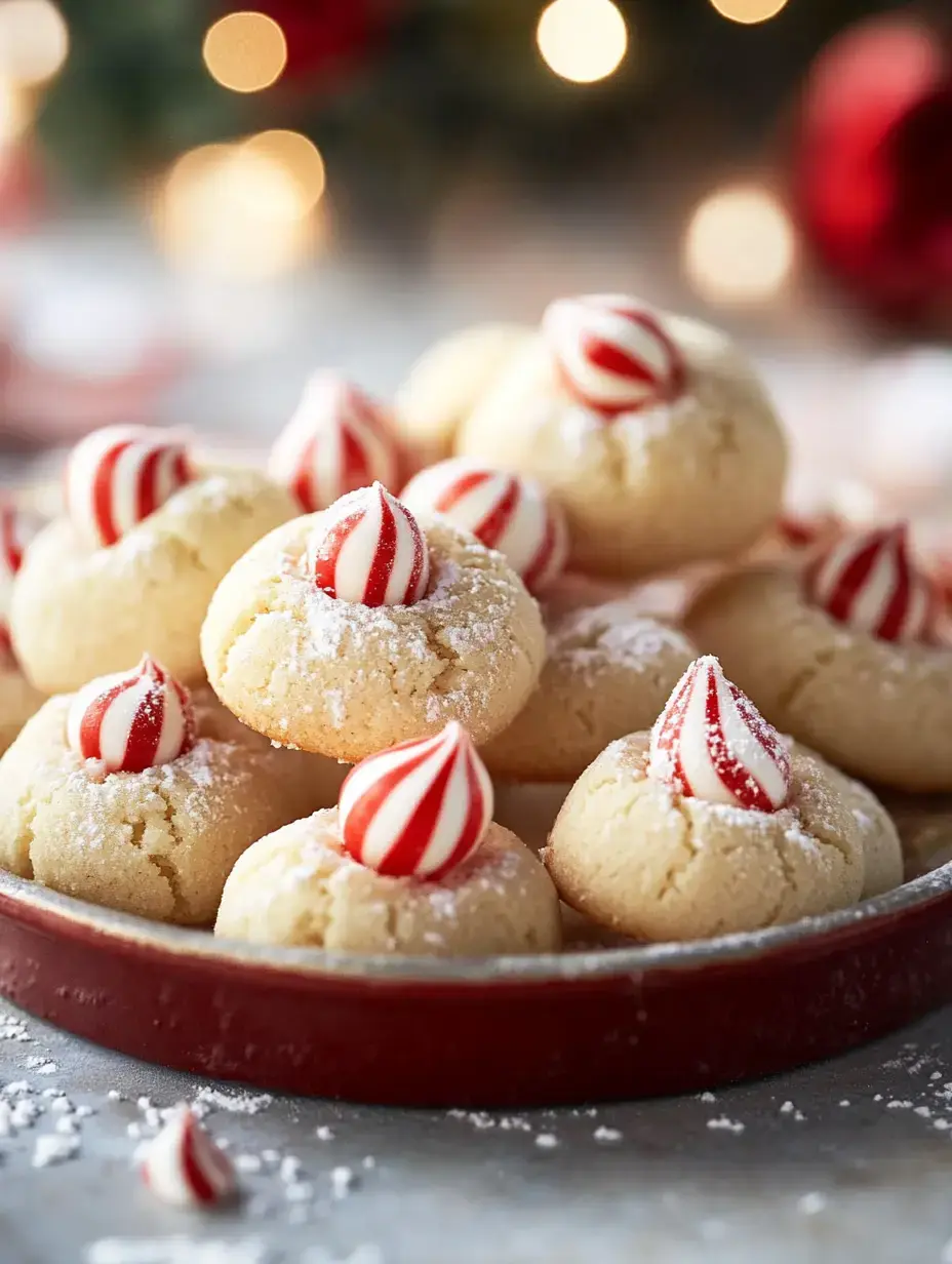 A plate of festive cookies topped with red and white striped candies, sprinkled with powdered sugar, set against a blurred background of holiday lights.