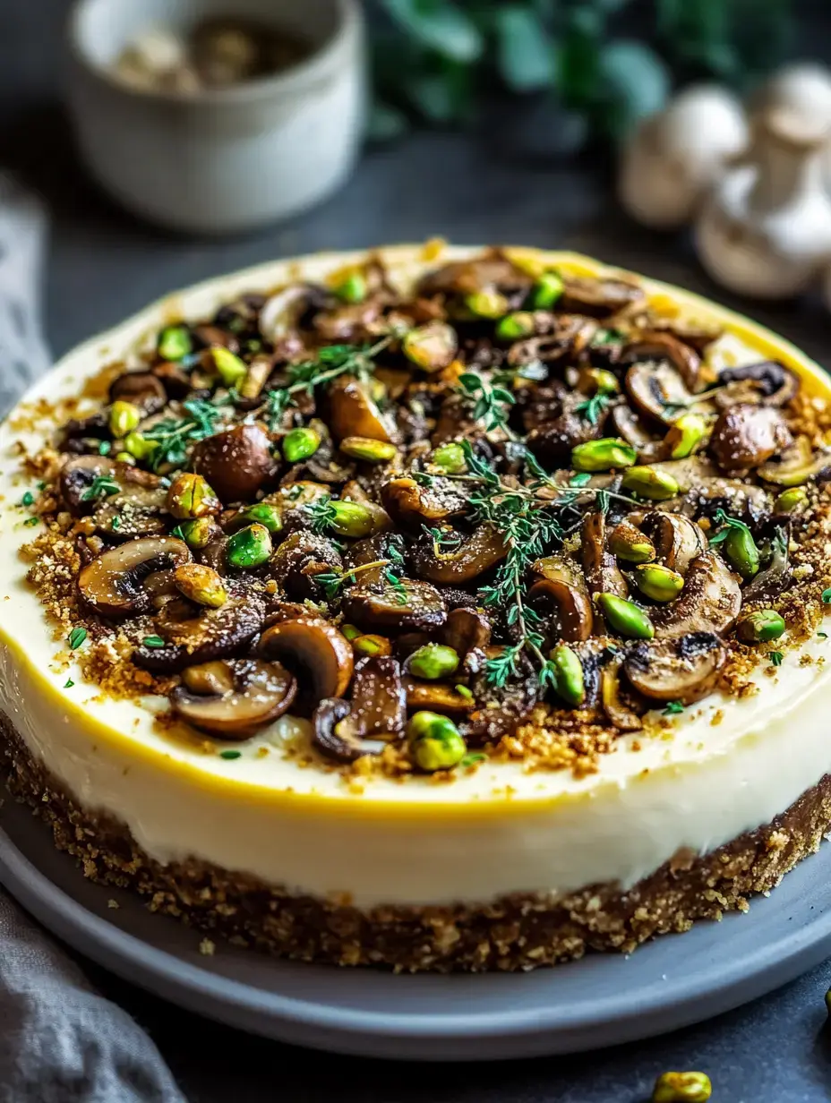 A delicious cheesecake topped with sautéed mushrooms, pistachios, and fresh thyme, served on a gray plate.