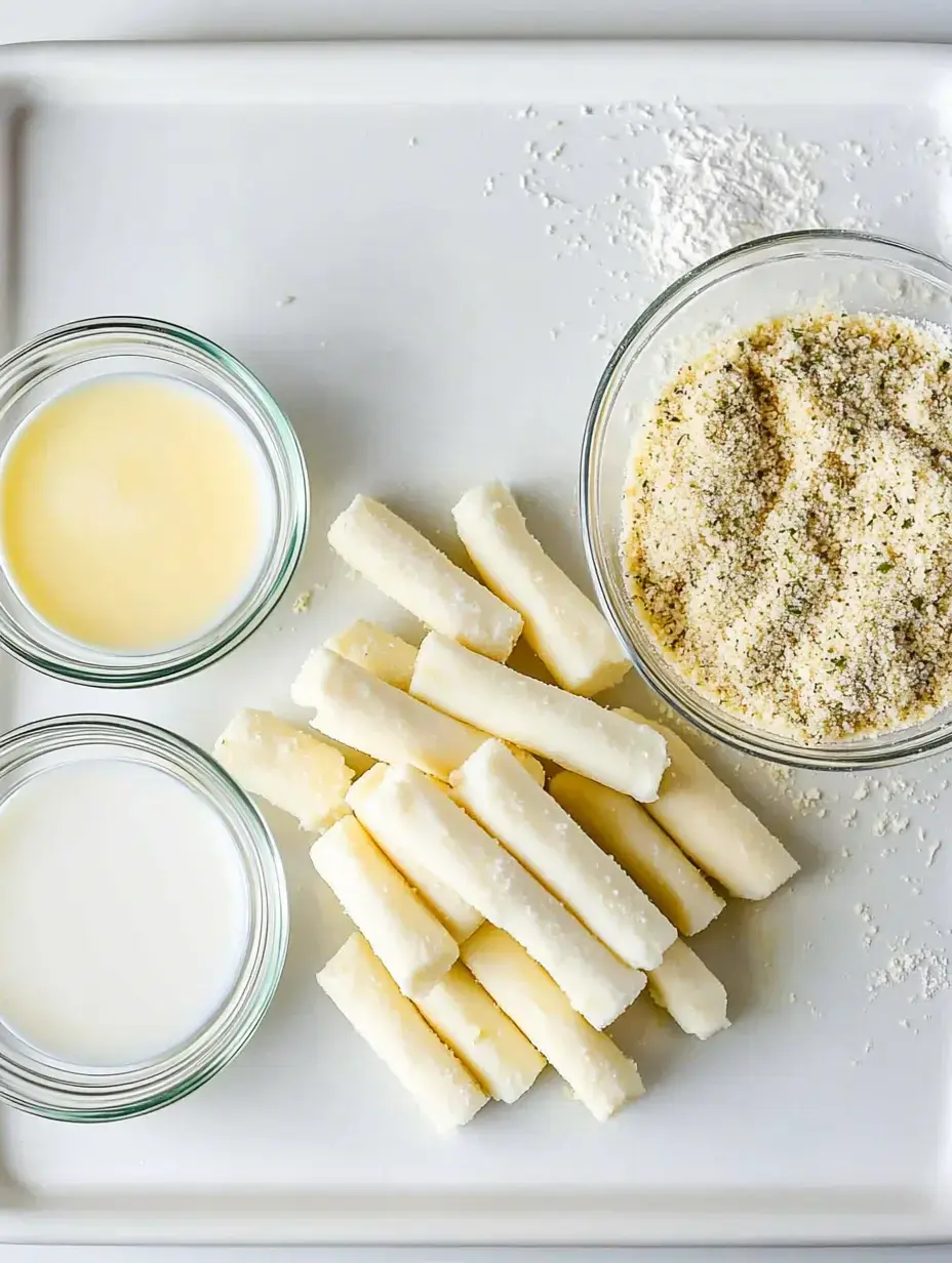 A white tray displays two small glass bowls of liquid and a bowl of seasoned breadcrumbs alongside several pieces of white, stick-shaped food items.