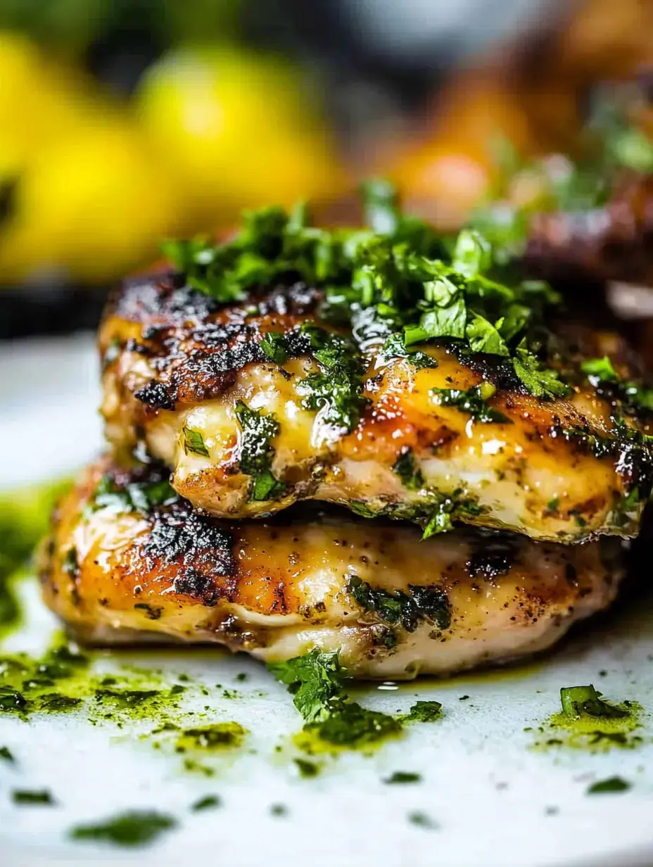 A close-up of two grilled chicken thighs topped with fresh herbs and drizzled with green sauce, set against a blurred background.