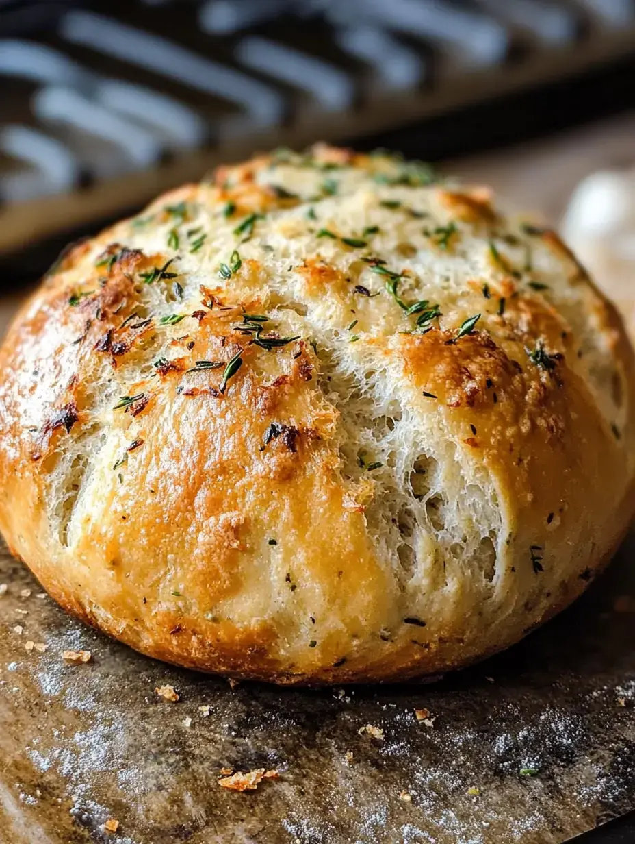 A round loaf of freshly baked bread, lightly golden and sprinkled with herbs, sits on a wooden surface.