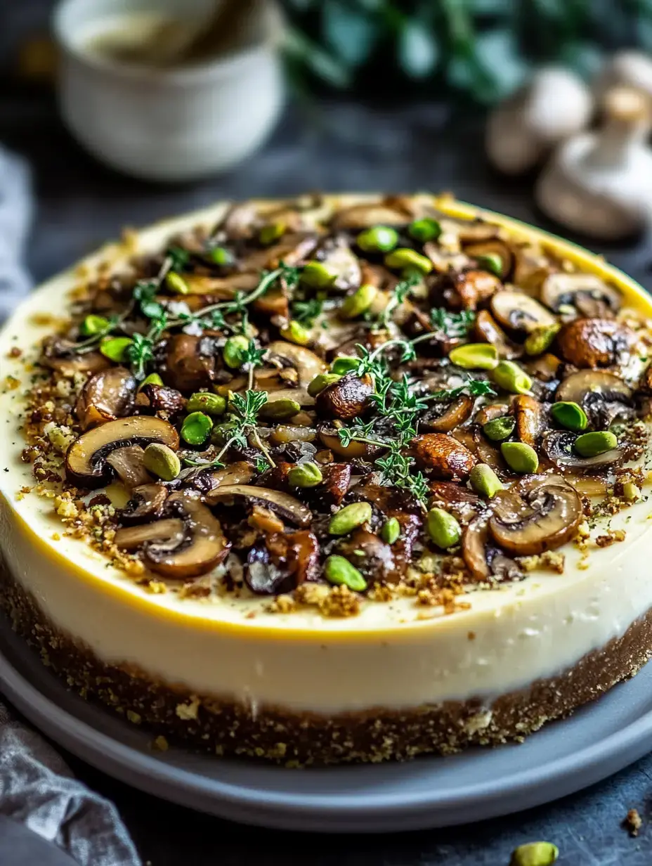 A creamy cheesecake topped with sautéed mushrooms, nuts, and fresh herbs, displayed on a gray plate.