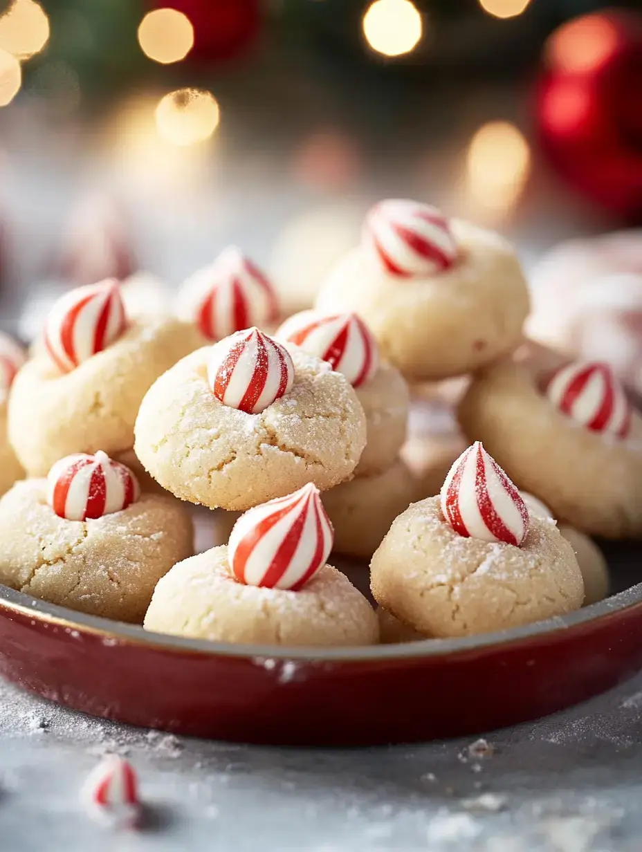 A plate of freshly baked cookies topped with peppermint candies, set against a softly blurred festive background.