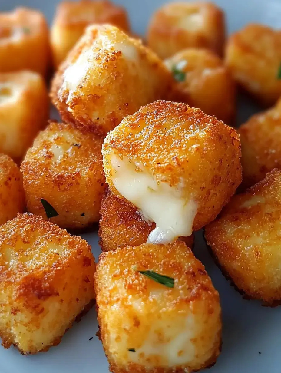 A close-up of golden-brown, crispy cheese-filled cubes on a plate, with one piece revealing melted cheese inside.