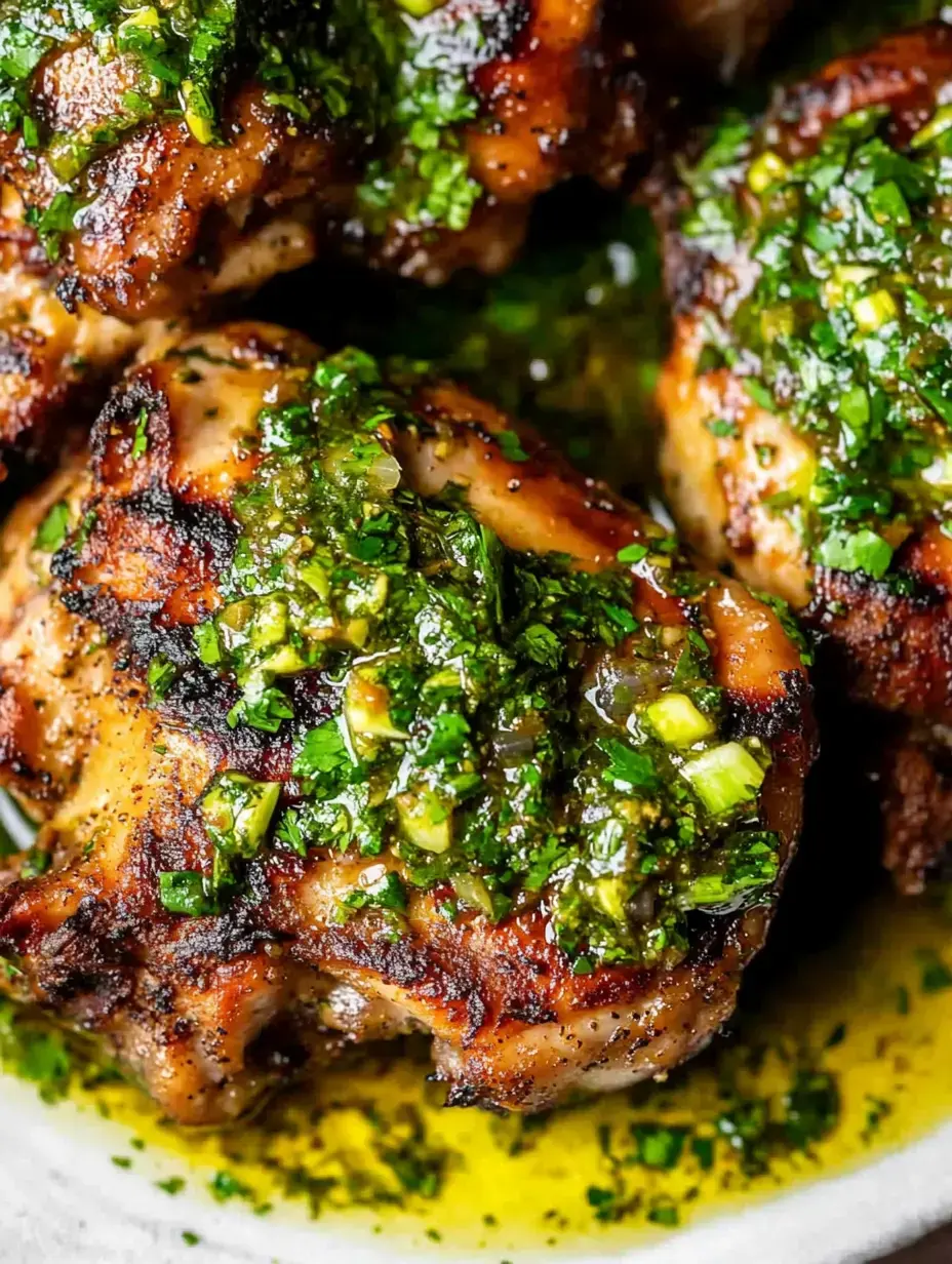 Grilled chicken thighs topped with a vibrant green herb sauce, surrounded by drizzles of olive oil.