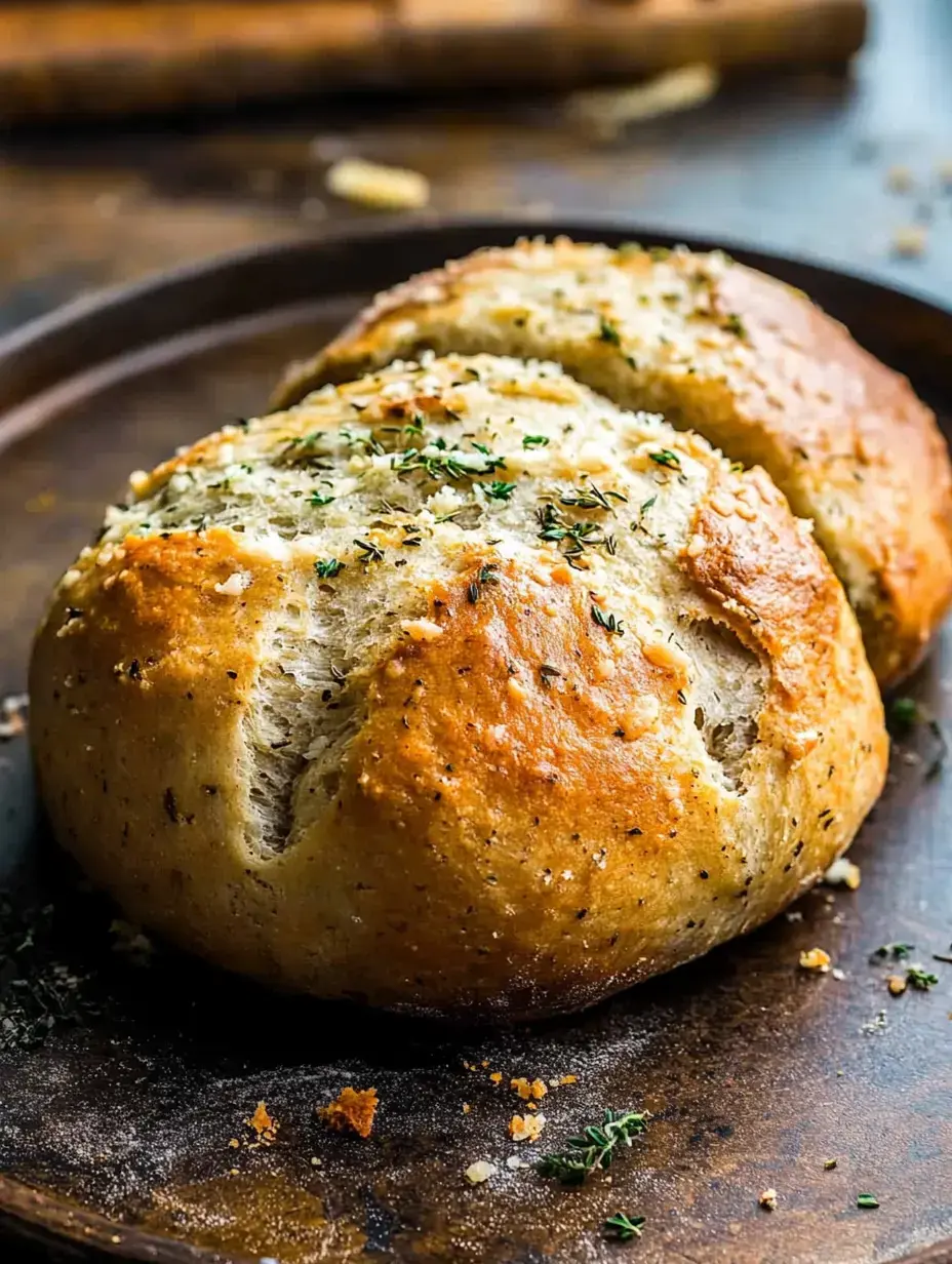 A freshly baked loaf of bread, golden brown and topped with herbs, rests on a wooden plate.