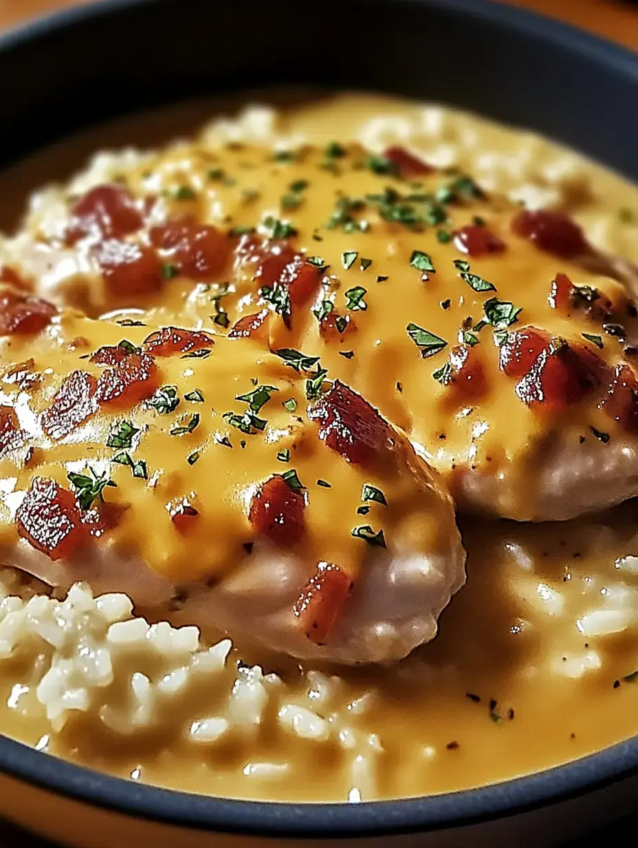 A close-up of two pieces of chicken topped with melted cheese and bacon bits, served on a bed of creamy risotto.