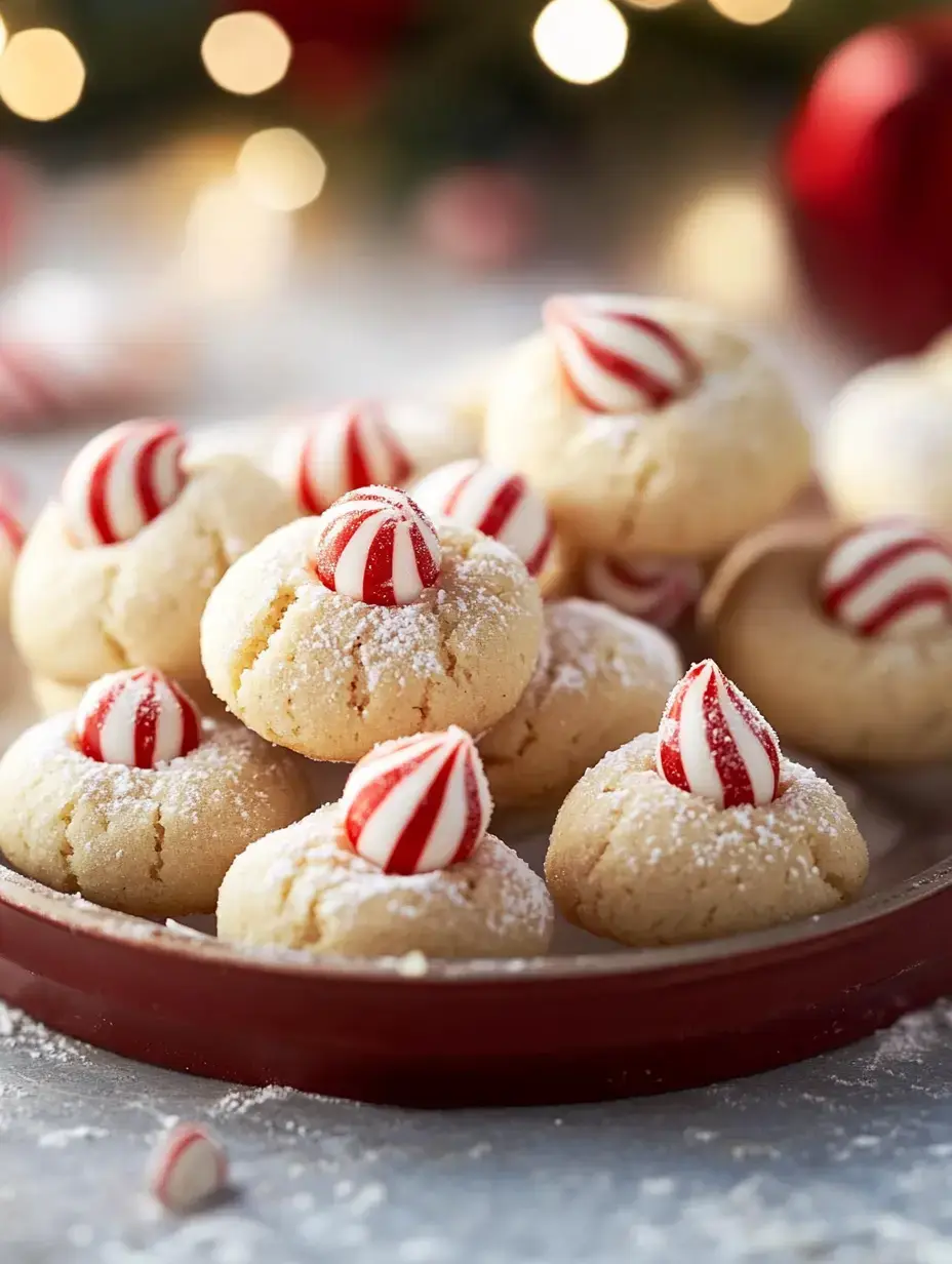 A plate of festive cookies topped with striped peppermint candies and dusted with powdered sugar.