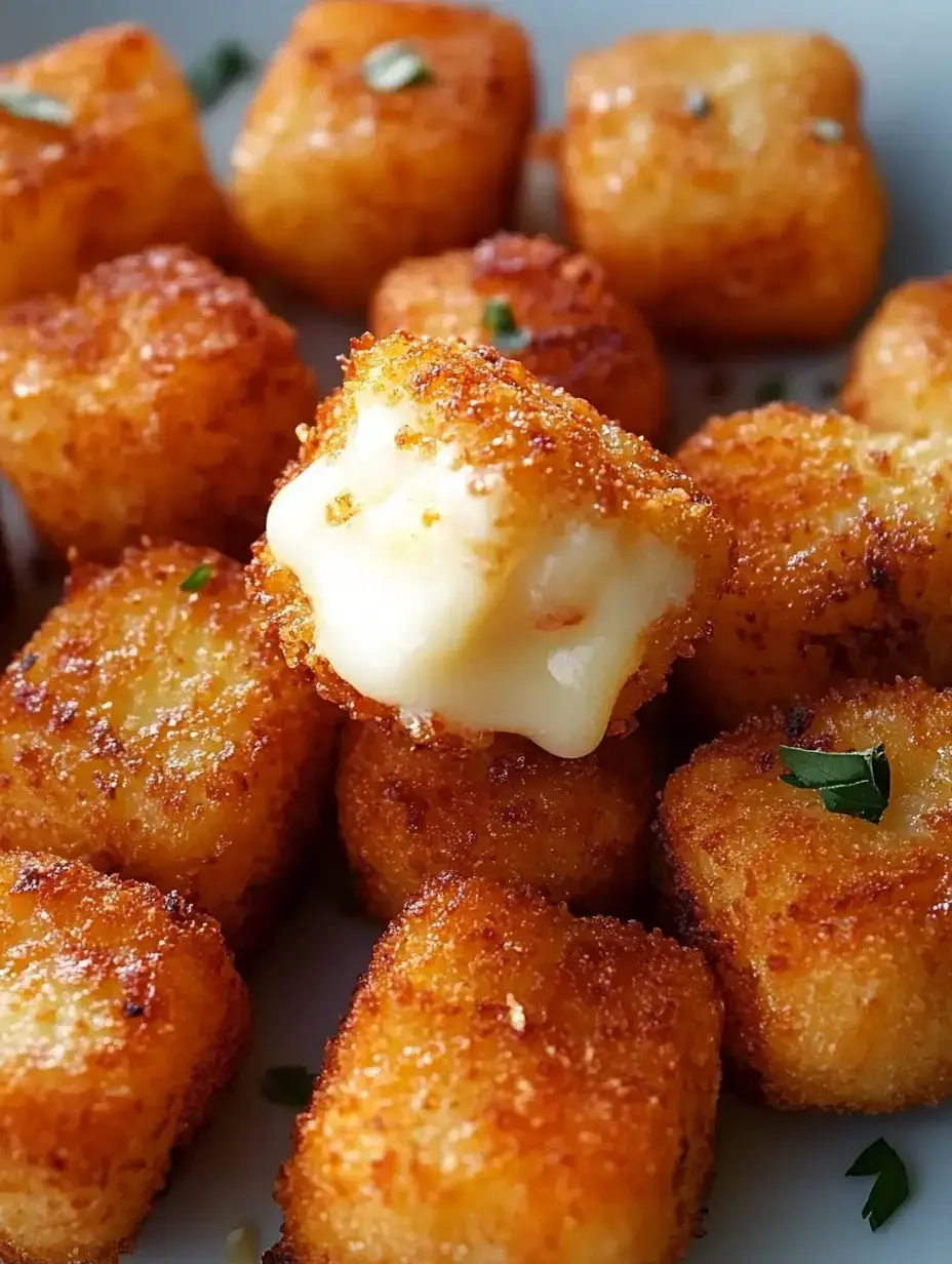 A pile of golden-brown, crispy cheese-filled bites, with one piece showing melted cheese oozing out, garnished with a sprinkle of green herbs.