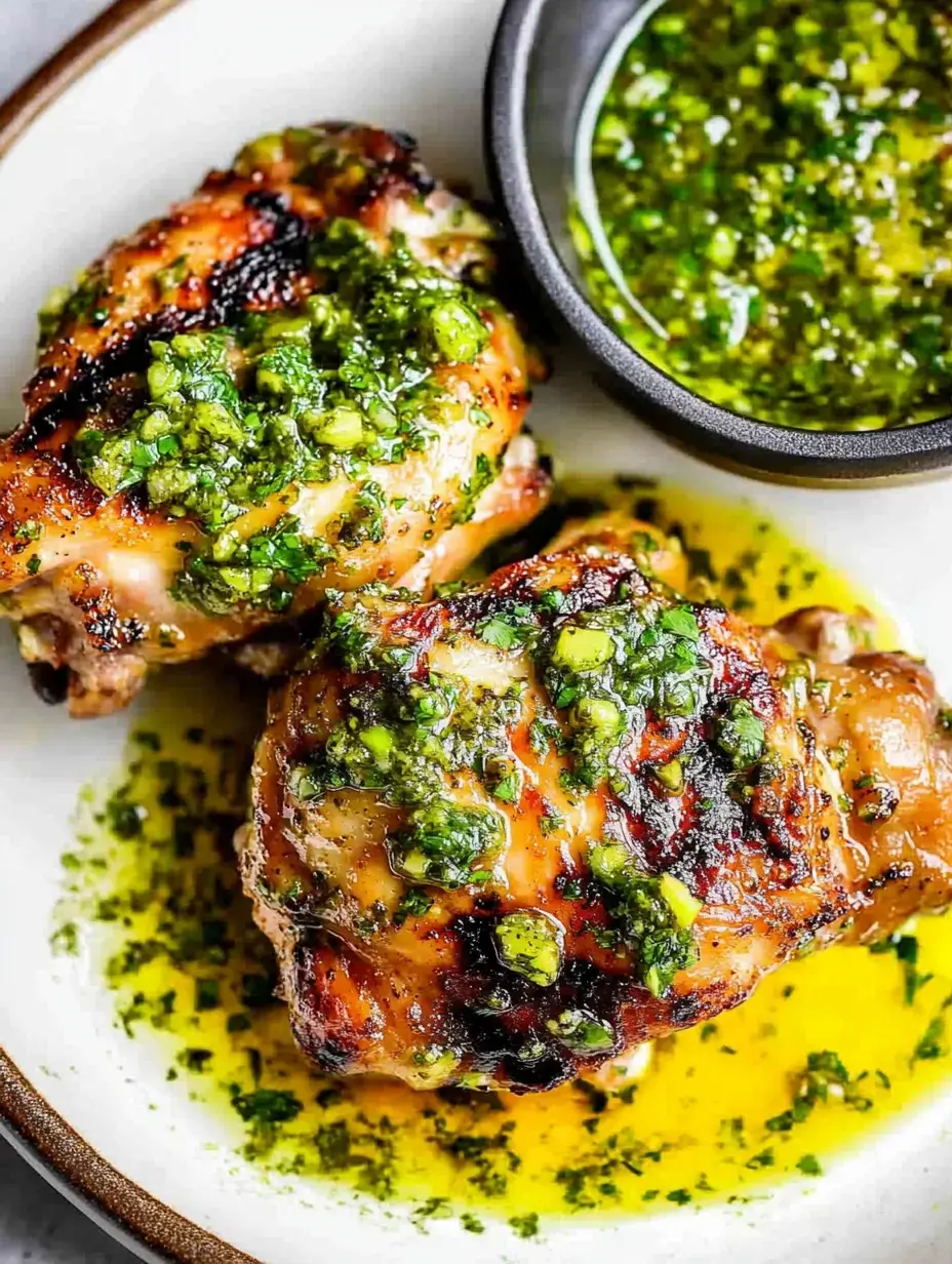 Grilled chicken thighs topped with a vibrant green herb sauce are served on a plate alongside a small bowl of the same sauce.